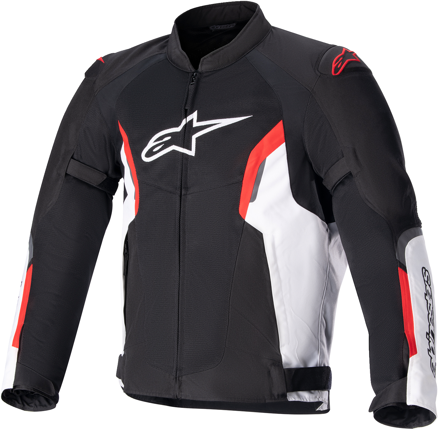 Alpinestars AST v2 Air Jacket in black, white, and red, motorcycle airbag-compatible riding gear, small size, shown on a model.