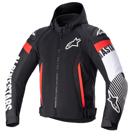 Alpinestars Zaca Air Jacket in black, white, and red fluo with mesh panels, medium size, featuring sporty motorcycle jacket design.