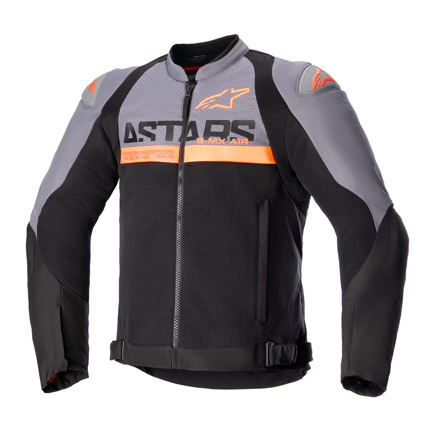 Alpinestars SMX Air motorcycle jacket in dark gray, black, and orange fluo, size large, with protective shoulder and arm details.