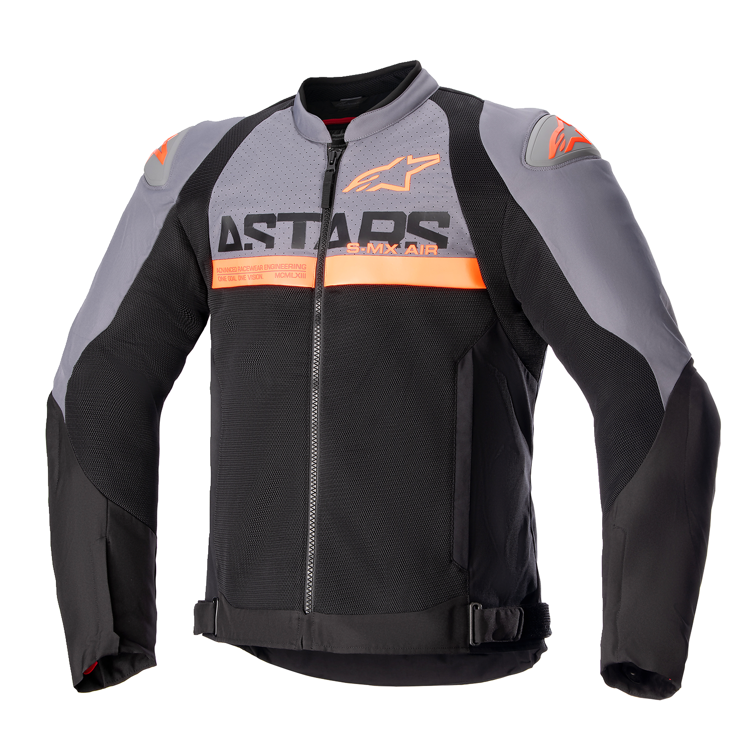Alpinestars SMX Air motorcycle jacket in dark gray, black, and orange fluo, size large, with protective shoulder and arm details.