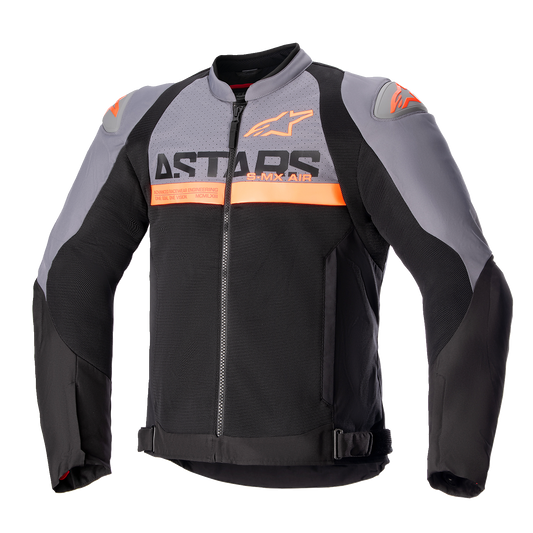 Alpinestars SMX Air motorcycle jacket in dark gray, black, and orange fluo, size large, with protective shoulder and arm details.