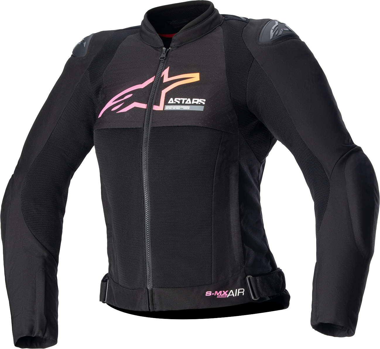 Women's Alpinestars Stella SMX Air motorcycle jacket in black, yellow, and pink with protective armor and sporty design.