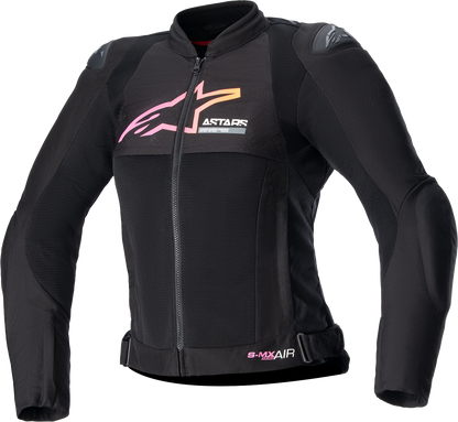 Women's Alpinestars Stella SMX Air motorcycle jacket in black, yellow, and pink with protective armor and sporty design.
