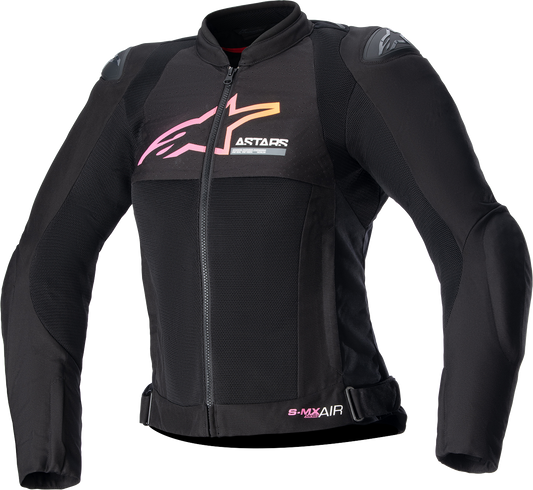 Women's Alpinestars Stella SMX Air motorcycle jacket in black, yellow, and pink with protective armor and sporty design.