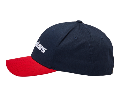 Alpinestars Linear Hat in navy and red, small/medium size, featuring the ALPINESTARS logo and sporty design.