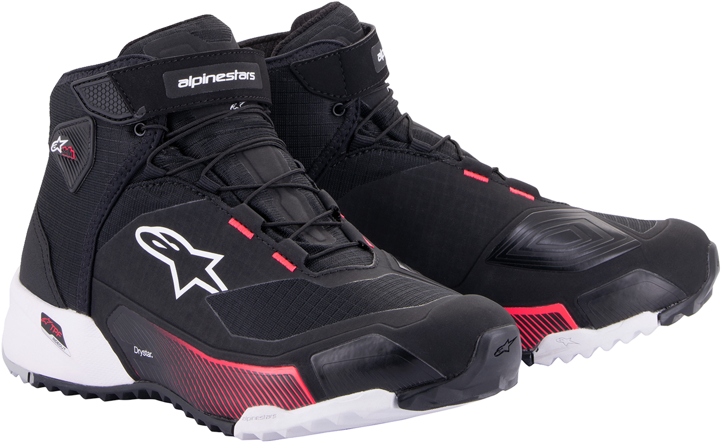 Alpinestars Stella CR-X Drystar® women's motorcycle riding shoes in black, white, and pink, US size 8, side view.