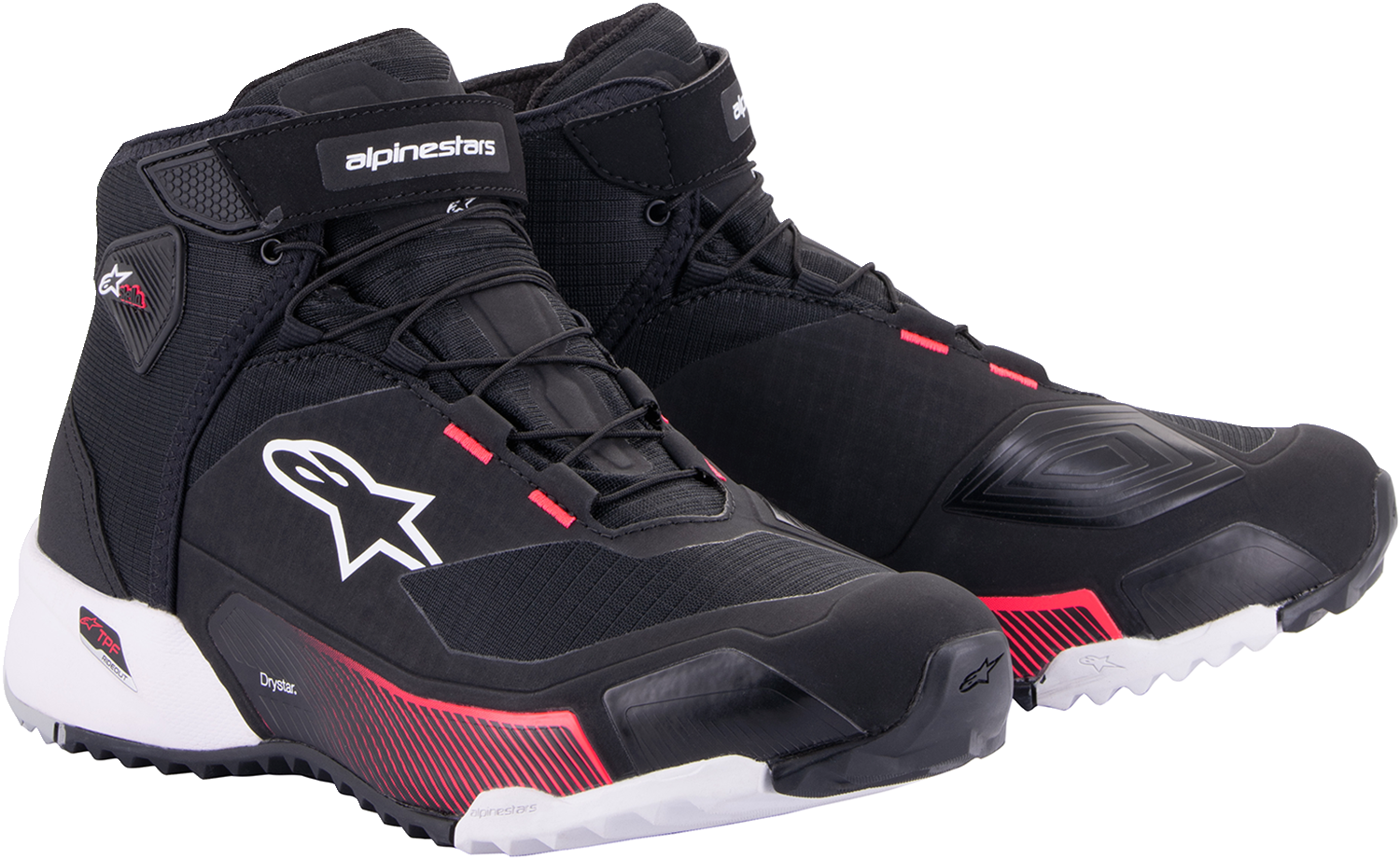 Alpinestars Stella CR-X Drystar® women's motorcycle riding shoes in black, white, and pink, US size 8, side view.