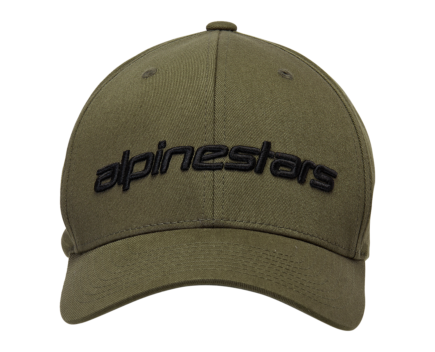 Alpinestars Linear Hat in Military Black with 3D logo embroidery and structured crown, available in L/XL size.