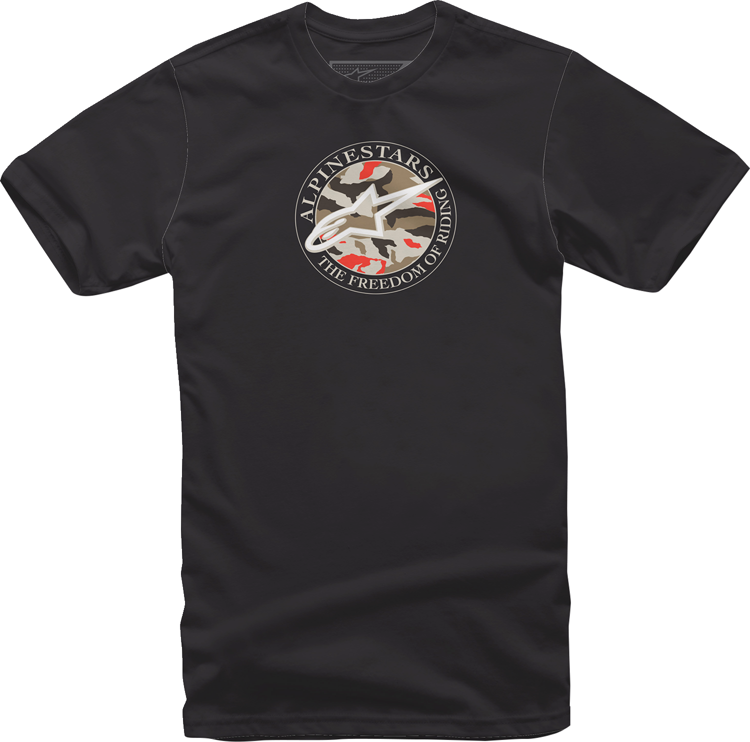 Alpinestars Dot Camo T-Shirt in black, medium size, featuring a camouflage design and Alpinestars branding on the front.