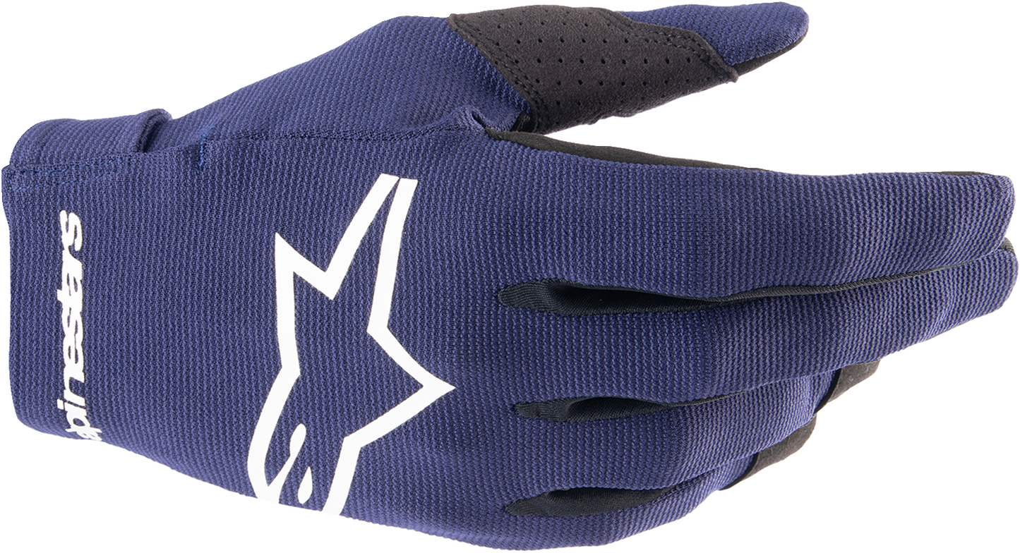 Alpinestars Radar motorcycle riding gloves in night navy and white, XL size, showing durable leather and protective features.