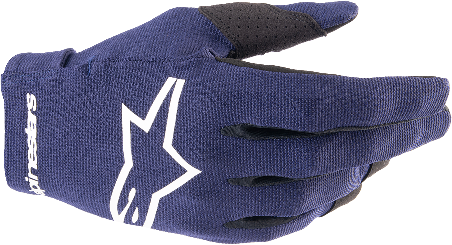 Alpinestars Radar motorcycle riding gloves in night navy and white, XL size, showing durable leather and protective features.