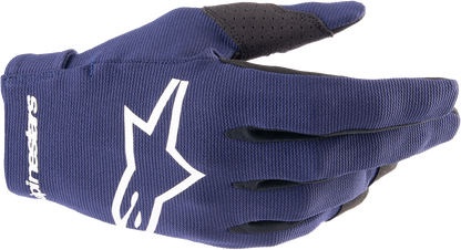 Alpinestars Radar motorcycle riding gloves in night navy and white, XL size, showing durable leather and protective features.