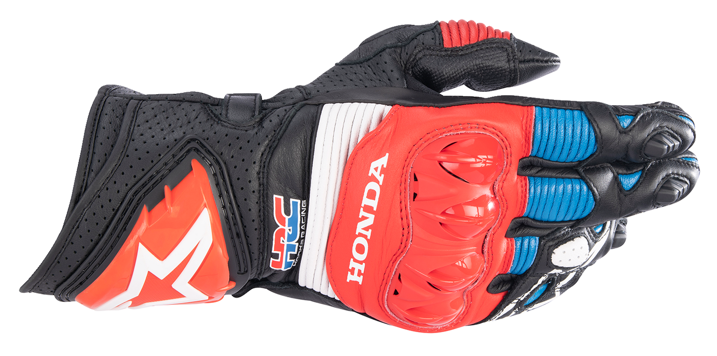 Alpinestars Honda GP Pro R3 motorcycle gloves in black, bright red, and blue, size 2XL with reinforced knuckles and adjustable straps.