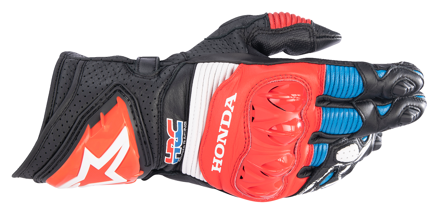 Alpinestars Honda GP Pro R3 motorcycle gloves in black, bright red, and blue, size 2XL with reinforced knuckles and adjustable straps.