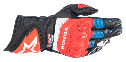 Alpinestars Honda GP Pro R3 motorcycle gloves in black, bright red, and blue, size 2XL with reinforced knuckles and adjustable straps.