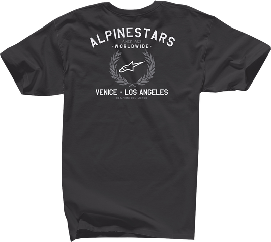 Black Alpinestars Wreath T-Shirt for men, 2XL size, with a prominent Alpinestars logo and wreath graphic on the front.