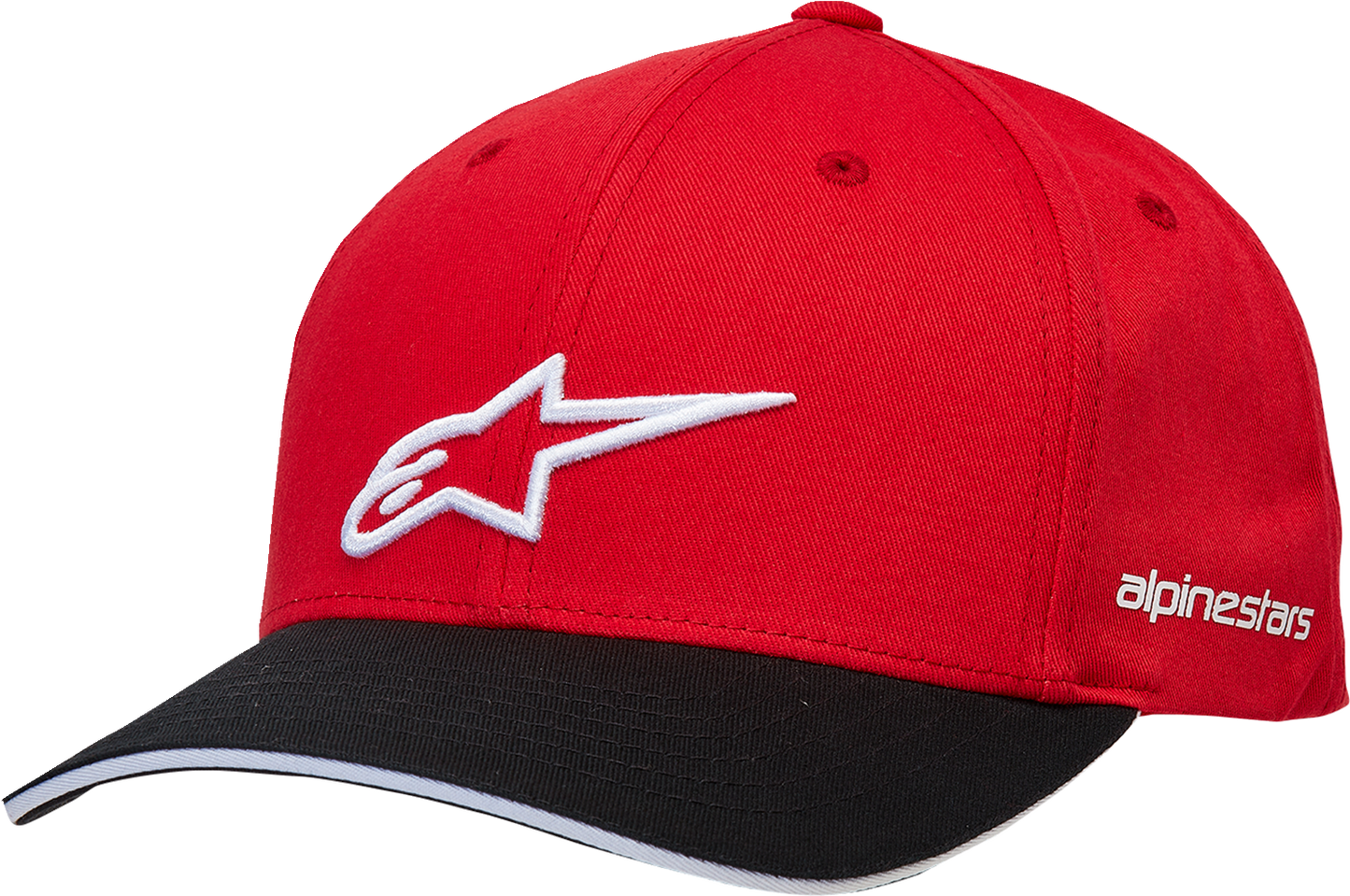 Alpinestars Rostrum hat in red and black with curved sandwich bill and embroidered logo, one size.