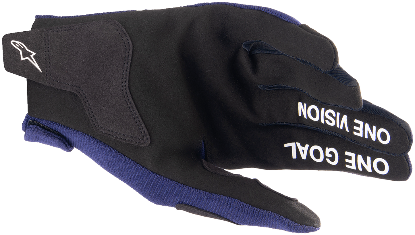 Alpinestars Radar gloves in night navy and white, XL size, showcasing durable motorcycle riding gloves with reinforced knuckles and grip details.