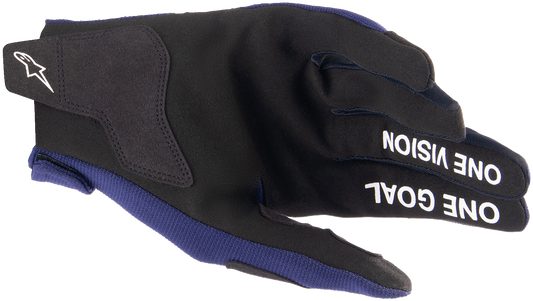 Alpinestars Radar gloves in night navy and white, XL size, showcasing durable motorcycle riding gloves with reinforced knuckles and grip details.