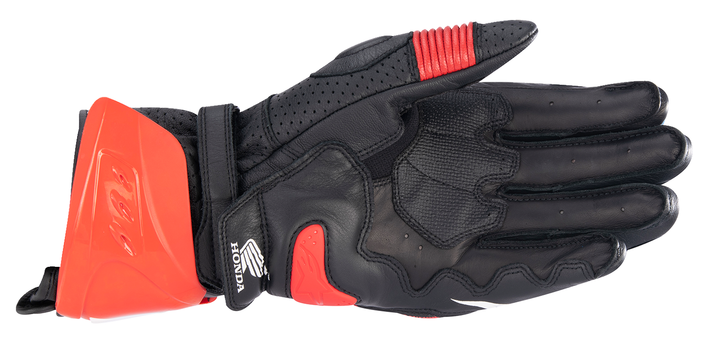 Alpinestars Honda GP Pro R3 motorcycle gloves in black, red, and blue, size 2XL, with protective knuckles and reinforced palms.