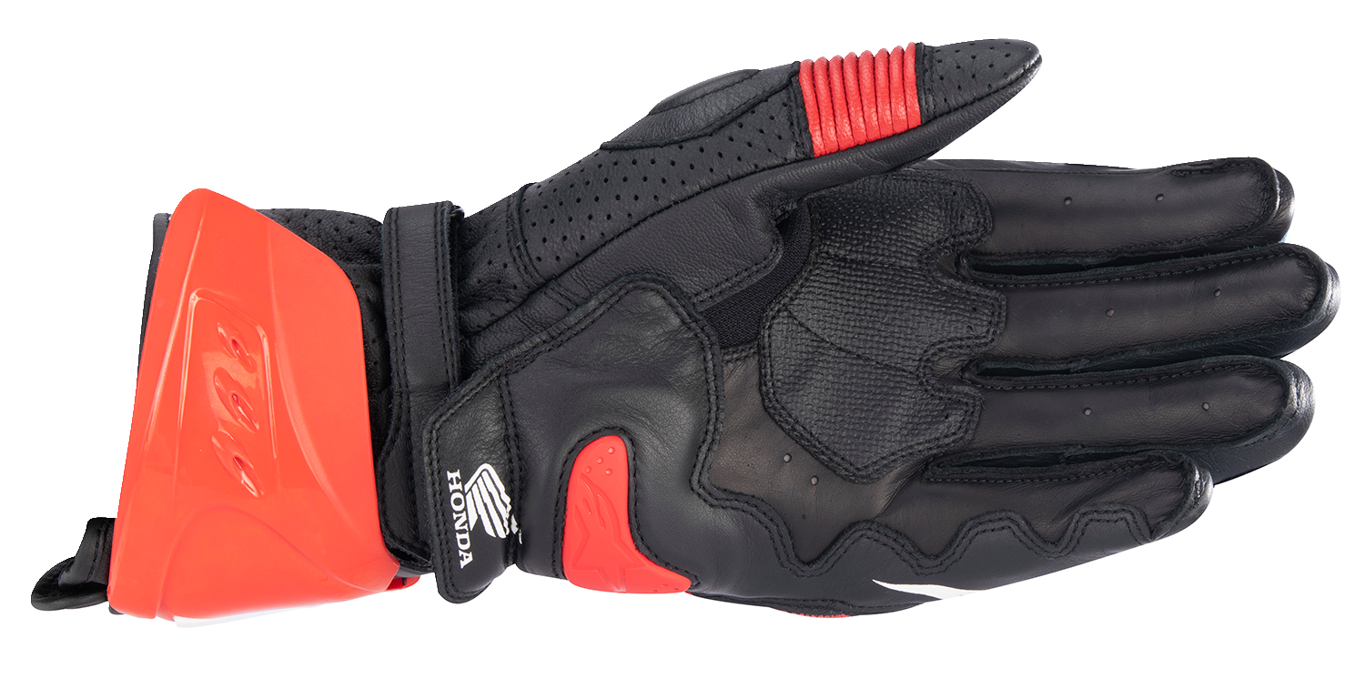 Alpinestars Honda GP Pro R3 motorcycle gloves in black, red, and blue, size 2XL, with protective knuckles and reinforced palms.