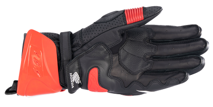 Alpinestars Honda GP Pro R3 motorcycle gloves in black, red, and blue, size 2XL, with protective knuckles and reinforced palms.