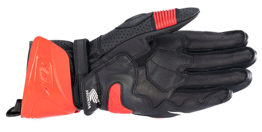 Alpinestars Honda GP Pro R3 motorcycle gloves in black, red, and blue, size 2XL, with protective knuckles and reinforced palms.