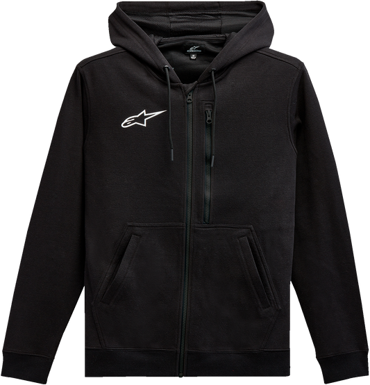 Alpinestars black zip-up hoodie with asymmetrical design, large chest pocket, and XL size, model 12135103010XL.