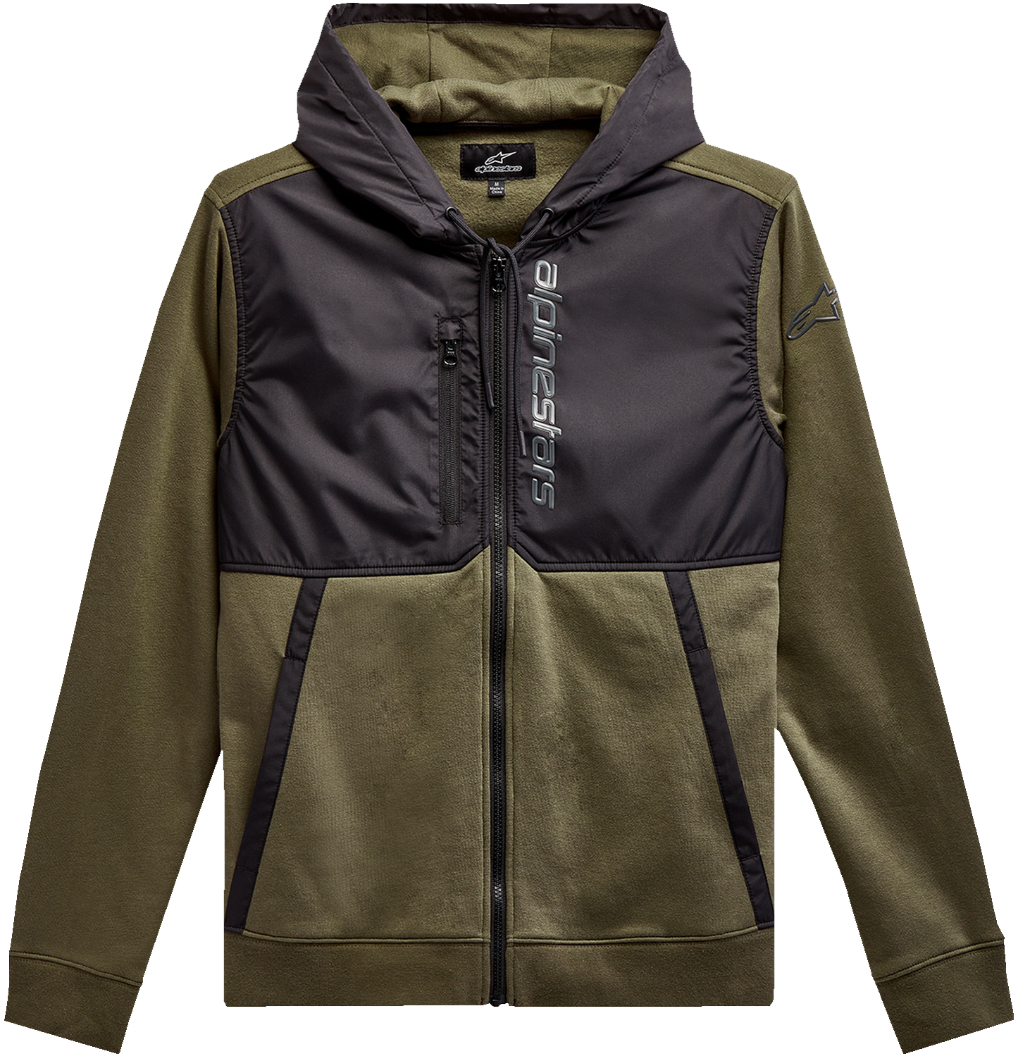 Alpinestars Aligned Zip Hoodie in military and black colors, large size, featuring a front zipper and casual fit.