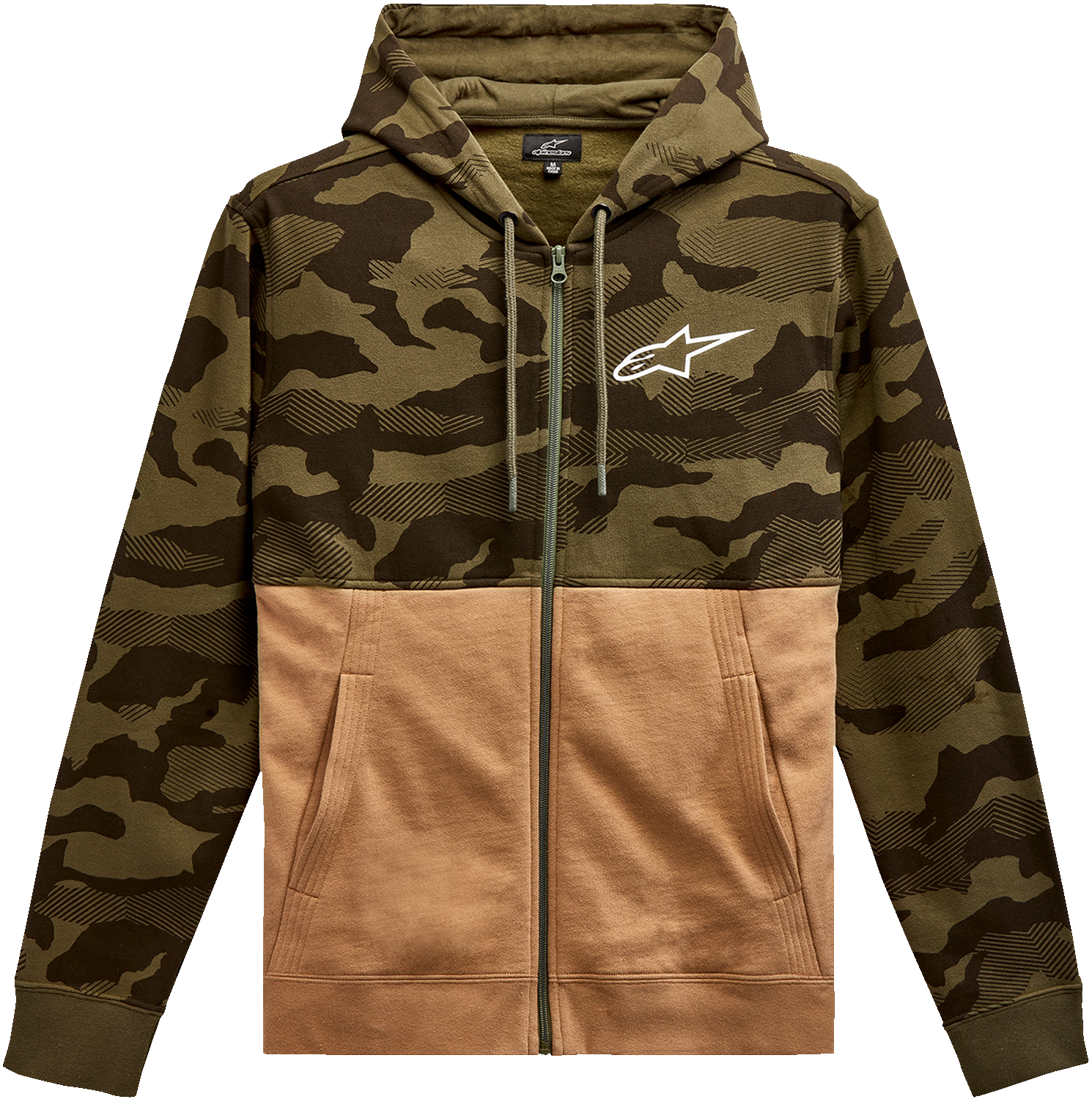 Alpinestars Camo Block Hoodie in military/sand color, size medium, featuring camouflage pattern and casual fit.