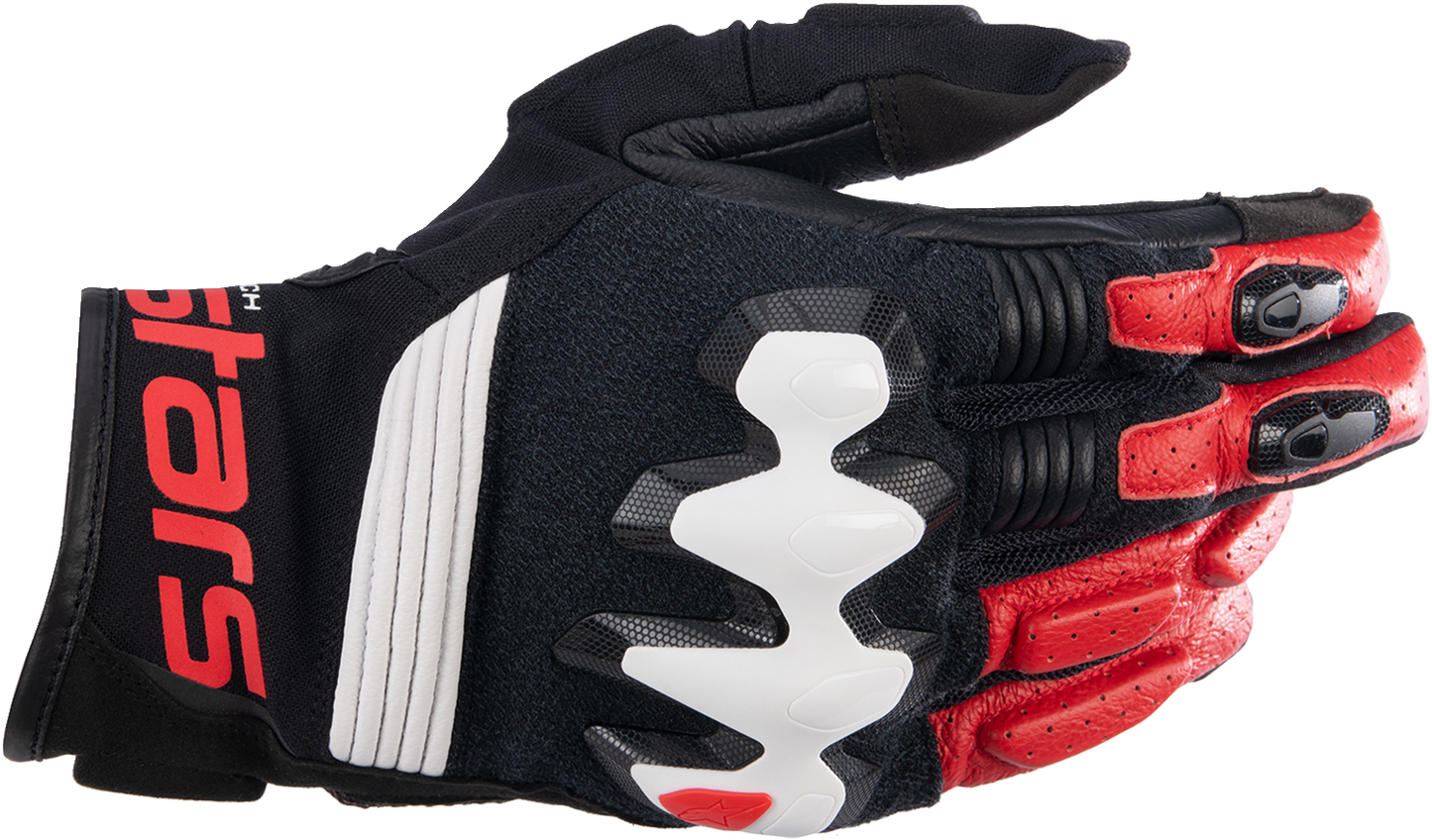 Alpinestars Halo Gloves in black, white, and red showing the padded knuckles and breathable fabric for motorcycle riding.