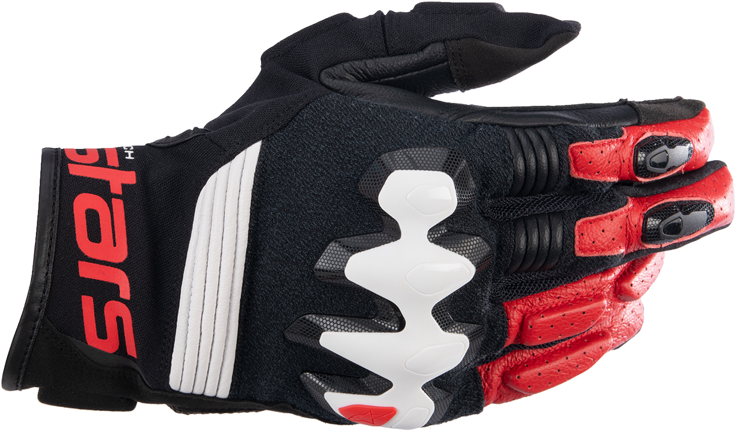 Alpinestars Halo Gloves in black, white, and red showing the padded knuckles and breathable fabric for motorcycle riding.