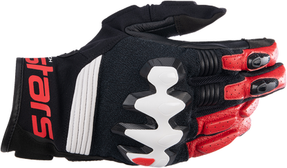 Alpinestars Halo Gloves in black, white, and red showing the padded knuckles and breathable fabric for motorcycle riding.