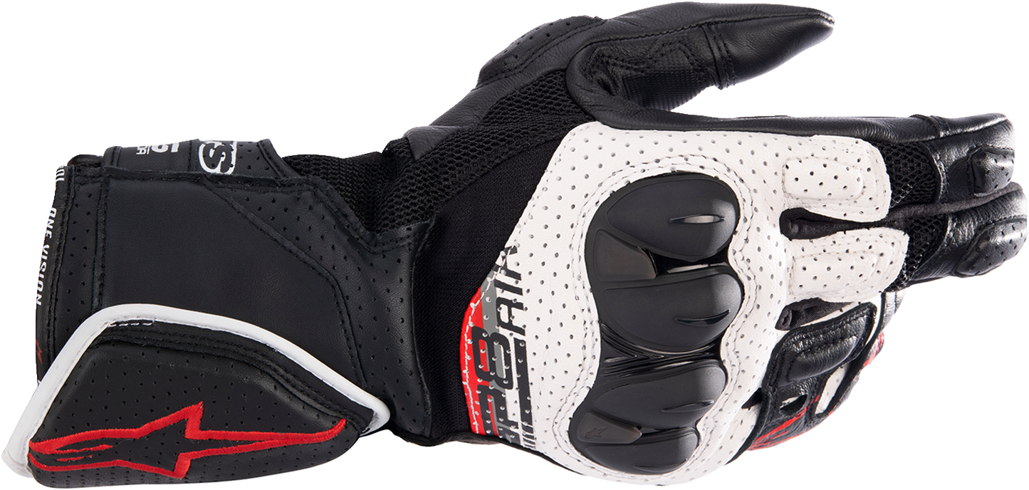 Alpinestars SP-8 V3 Air motorcycle gloves in black, white, and bright red with protective knuckles and breathable design.