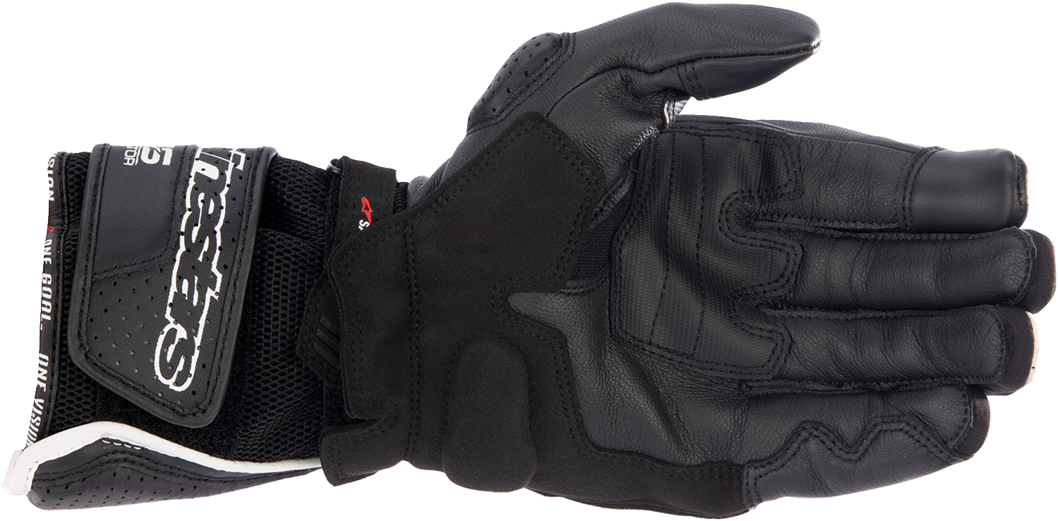 Alpinestars SP-8 V3 Air motorcycle gloves in black, white, and bright red, size XL, with protective knuckles and breathable design.
