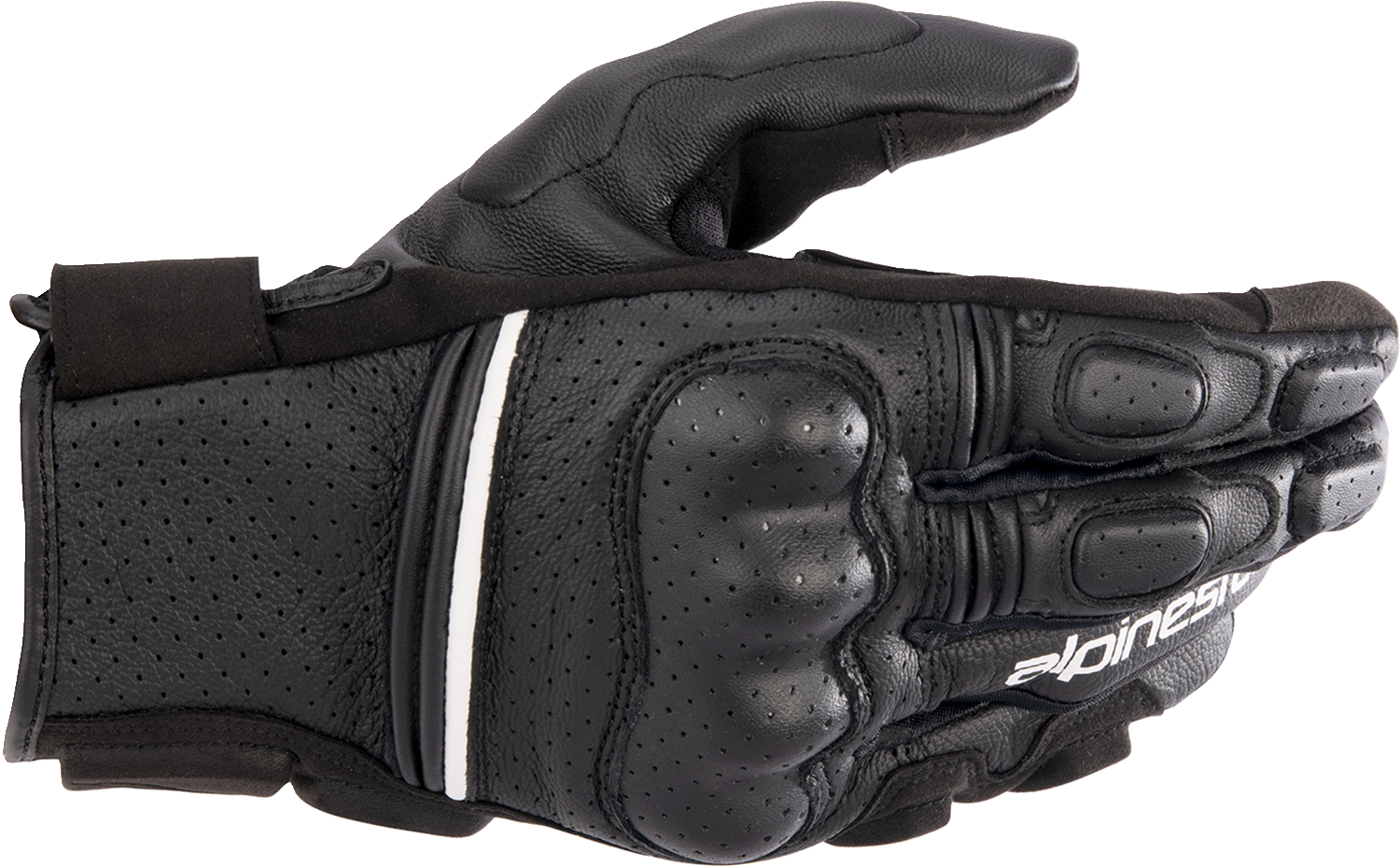 Alpinestars Phenom Air Gloves in black and white, medium size, featuring breathable mesh and protective knuckles for motorcycle riding.