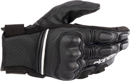 Alpinestars Phenom Air Gloves in black and white, medium size, featuring breathable mesh and protective knuckles for motorcycle riding.