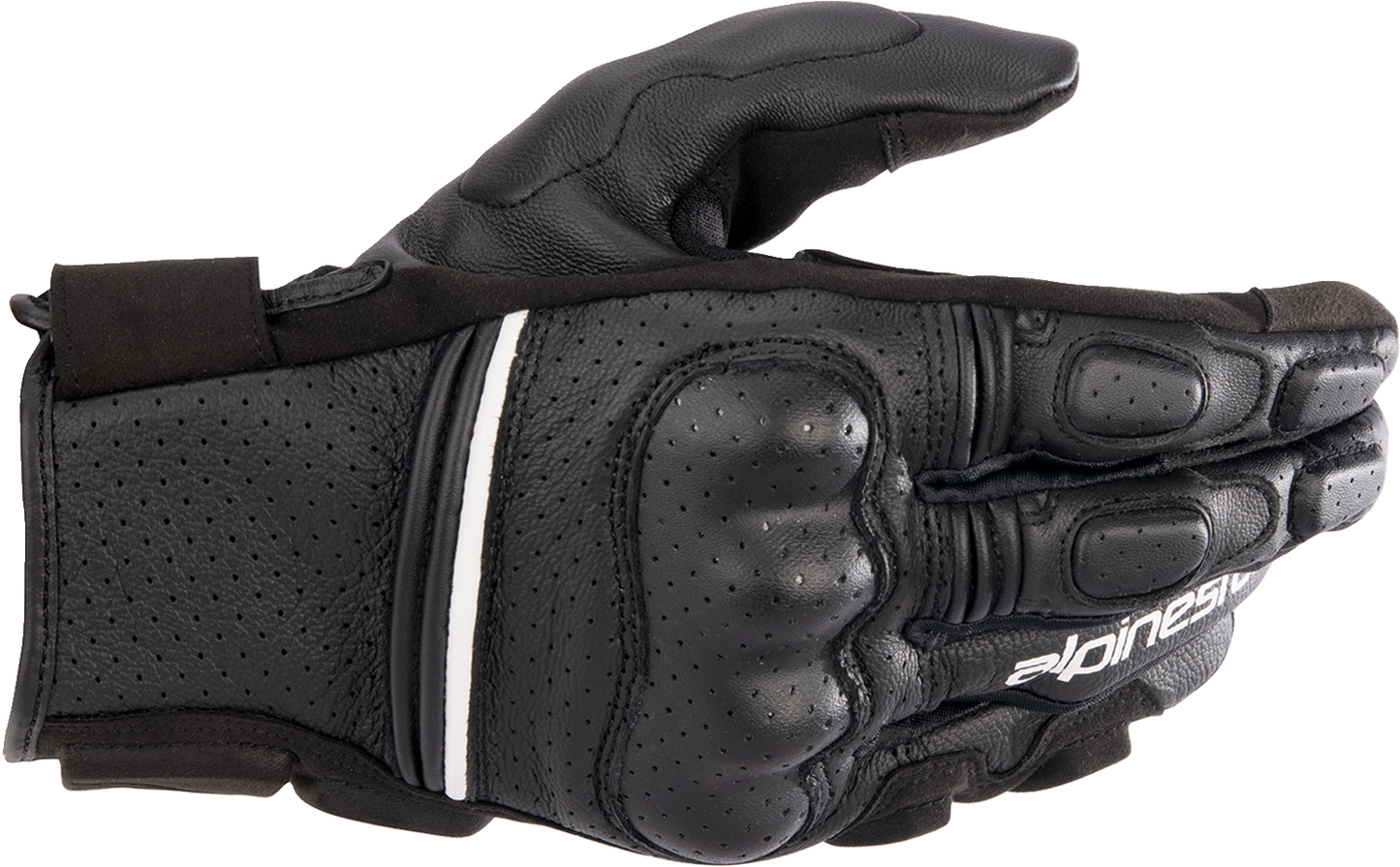 Alpinestars Phenom Air Gloves in black and white, size 3XL, showing padded knuckles and breathable mesh design for motorcycle riding.