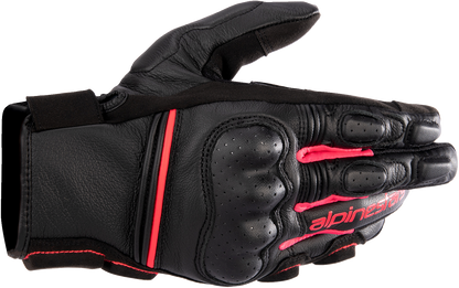 Alpinestars Stella Phenom leather motorcycle gloves in black and diva pink, large size, with reinforced knuckles and adjustable wrist straps.