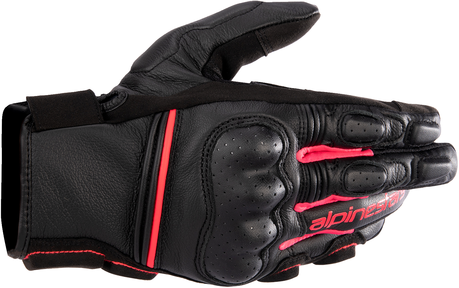 Alpinestars Stella Phenom leather motorcycle gloves in black and diva pink, size XL, with reinforced knuckles and breathable design.