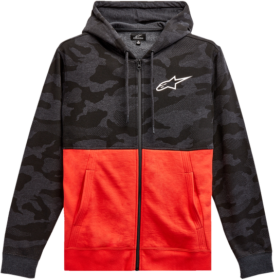 Alpinestars Camo Block Hoodie in Charcoal Heather and Warm Red, medium size, featuring a camouflage pattern and branded logo.