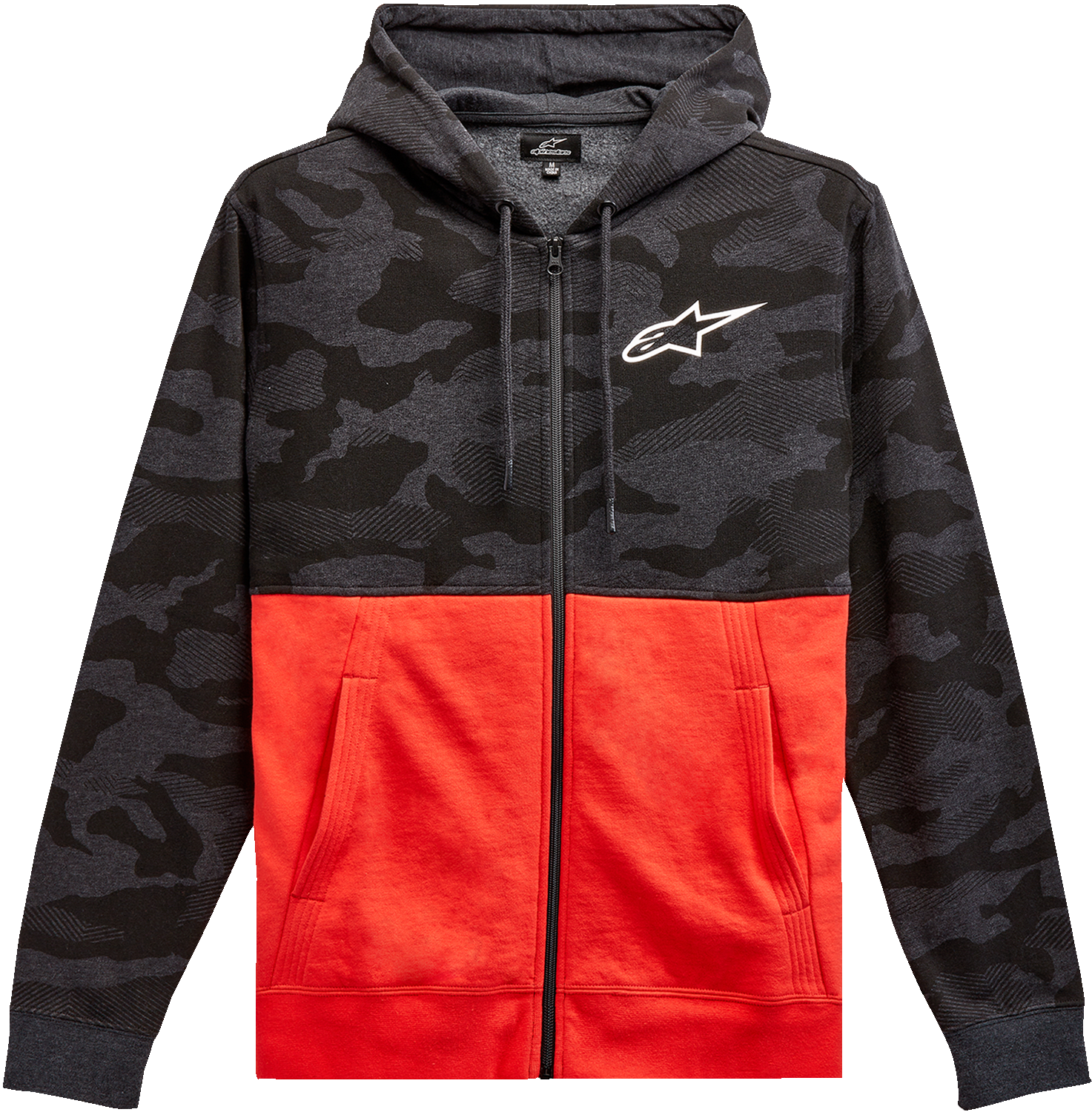 Alpinestars Camo Block Hoodie in charcoal heather and warm red, size XL, featuring a camo pattern and hooded design.