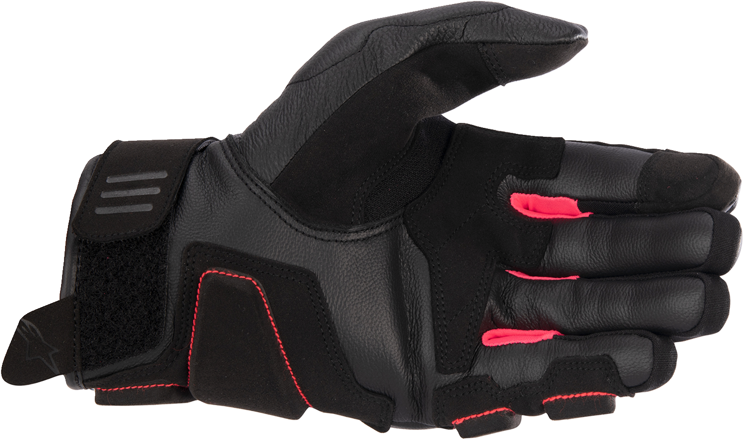 Alpinestars Stella Phenom leather motorcycle gloves in black and diva pink, size XL, with reinforced knuckles and adjustable wrist strap.