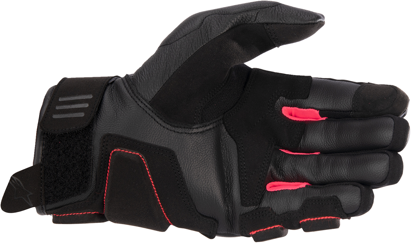Alpinestars Stella Phenom leather motorcycle gloves in black and diva pink, large size, with protective knuckles and adjustable wrist strap.