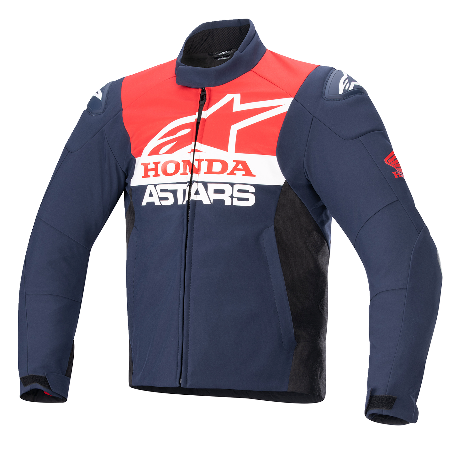 Alpinestars Honda SMX waterproof motorcycle jacket in 3XL, blue, black, and red colors, featuring protective design and waterproof fabric.