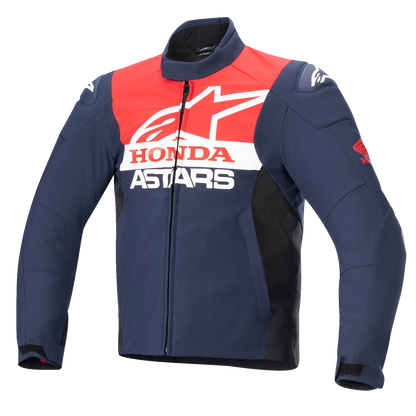 Alpinestars Honda SMX waterproof motorcycle jacket in 3XL, blue, black, and red colors, featuring protective design and waterproof fabric.