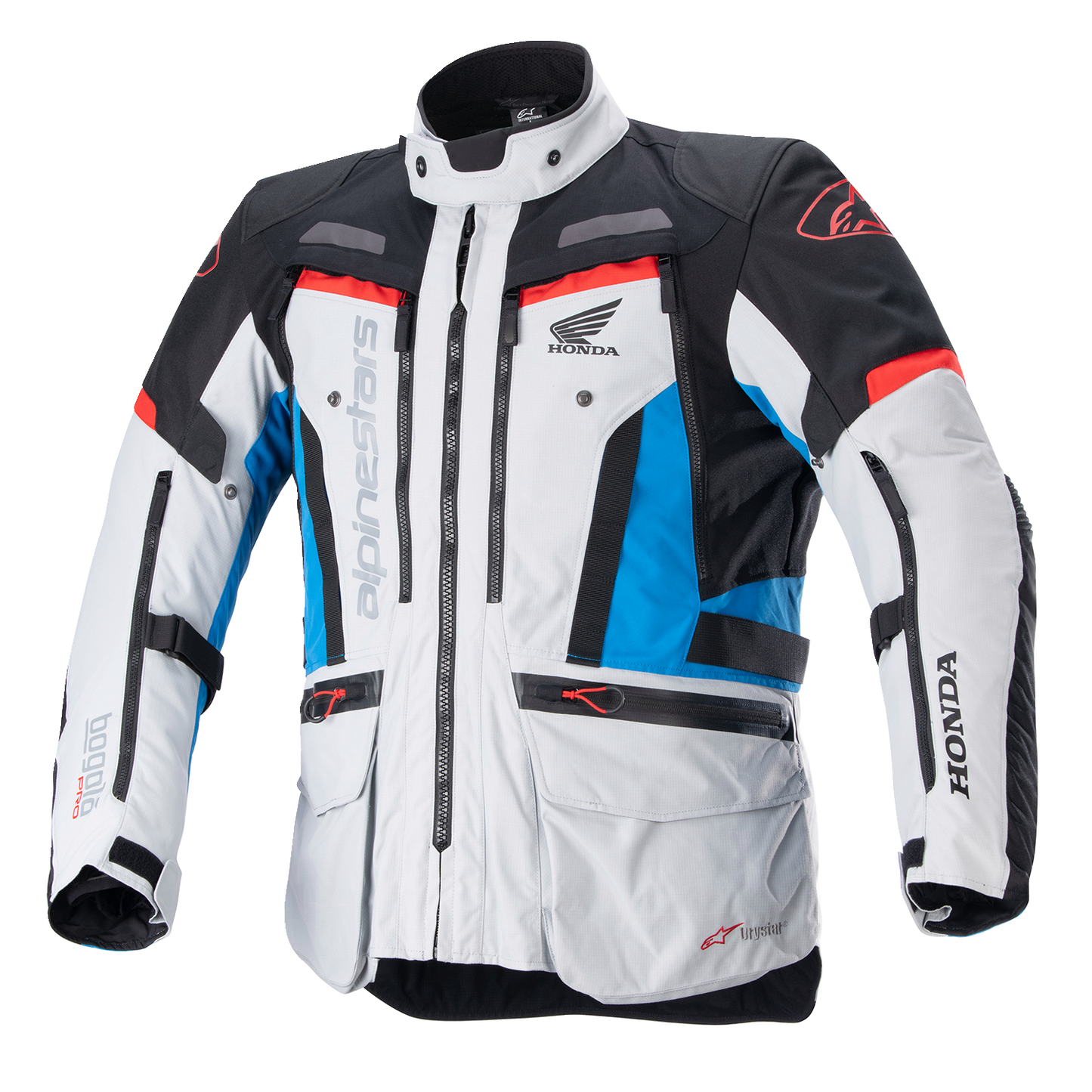 Alpinestars Honda Bogotà Pro Drystar motorcycle jacket in gray, black, red, and blue, small size, featuring protective armor.