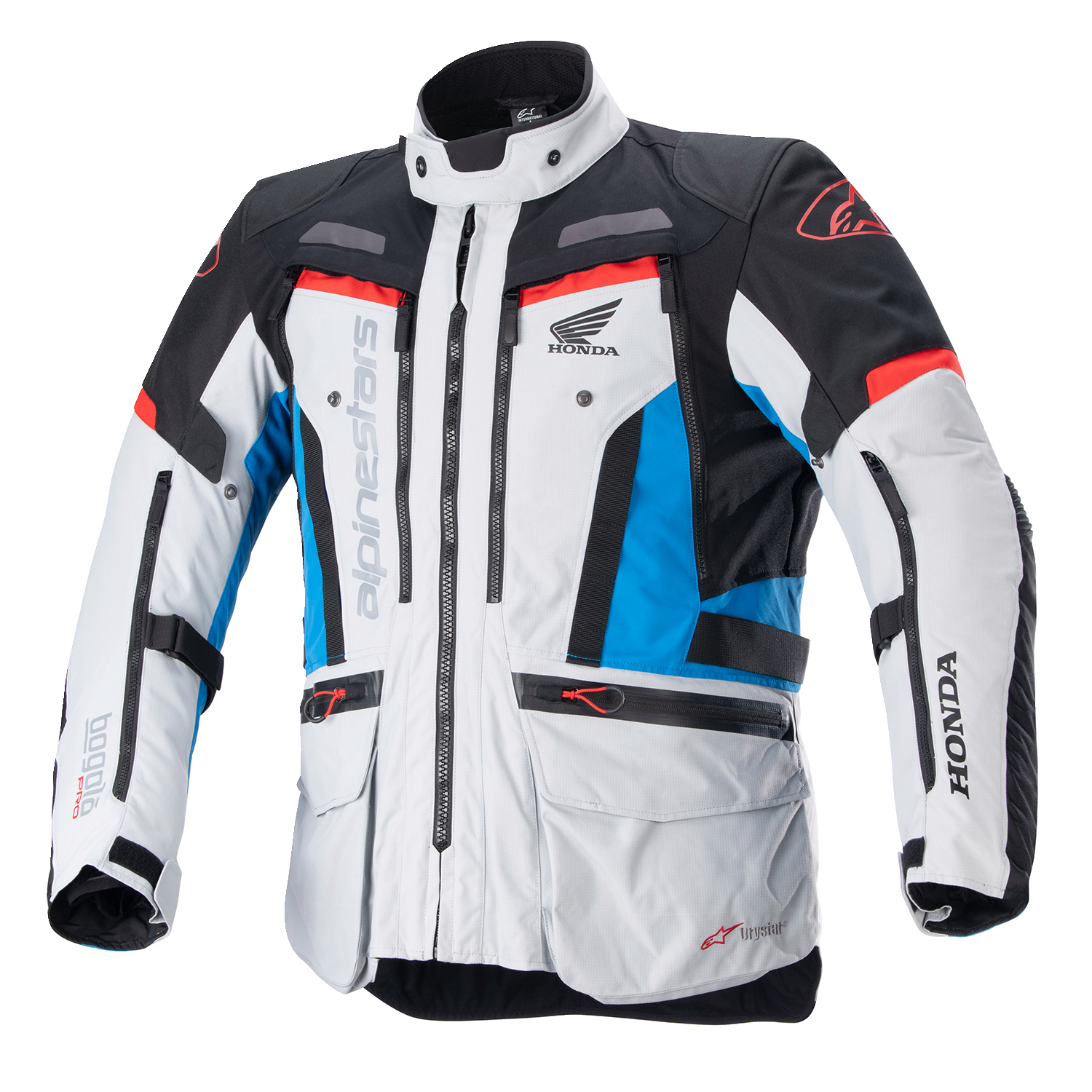 Alpinestars Honda Bogotà Pro Drystar motorcycle jacket in gray, black, red, and blue, small size, featuring protective armor.