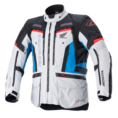 Alpinestars Honda Bogotà Pro Drystar motorcycle jacket in gray, black, red, and blue, small size, featuring protective armor.