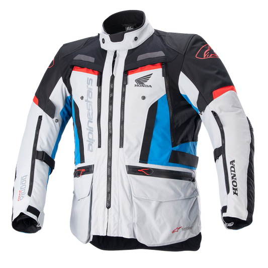 Alpinestars Honda Bogotà Pro Drystar motorcycle jacket in gray, black, red, and blue, small size, featuring protective armor.